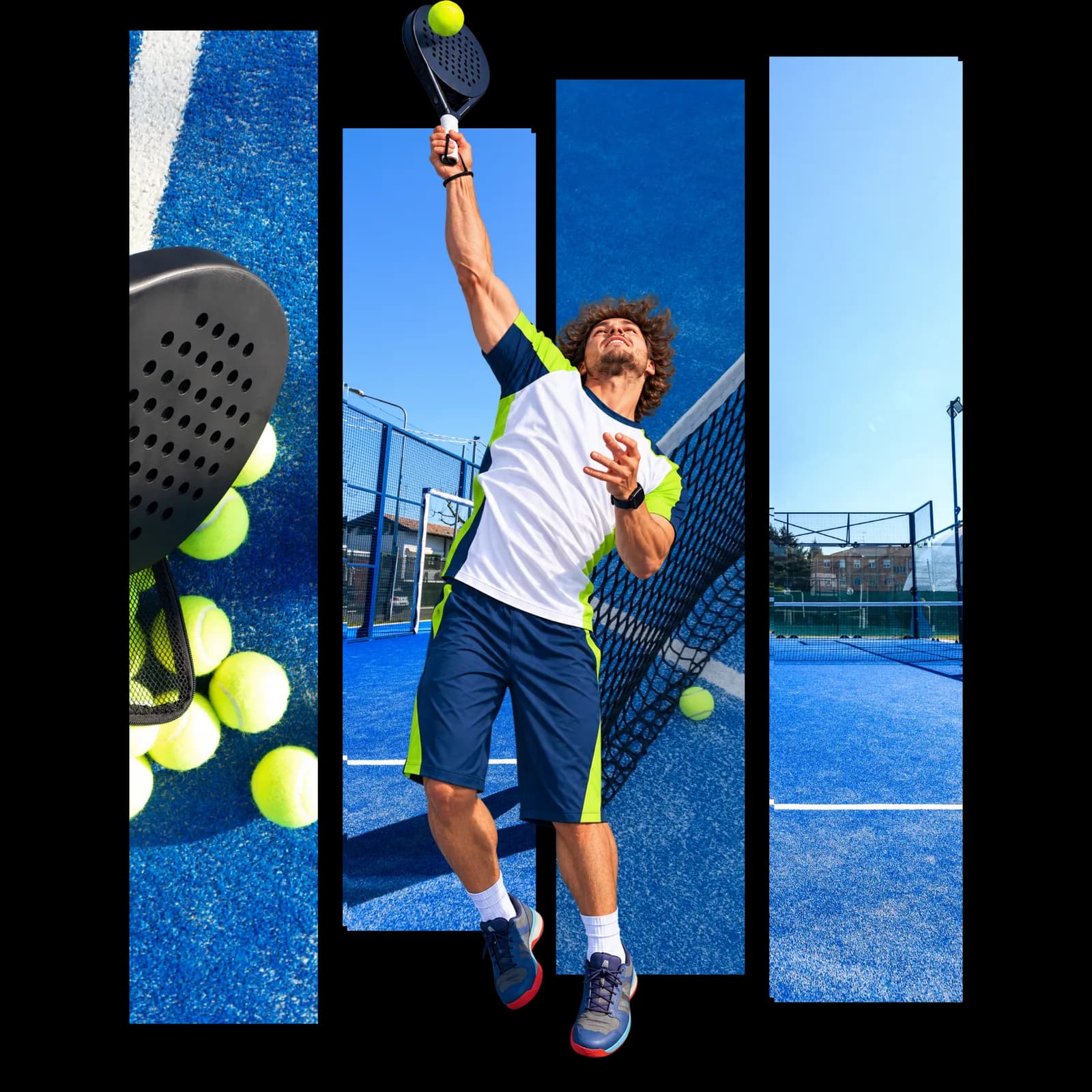 Un joueur de padel en action, entouré de terrains bleus, de raquettes et de balles.
