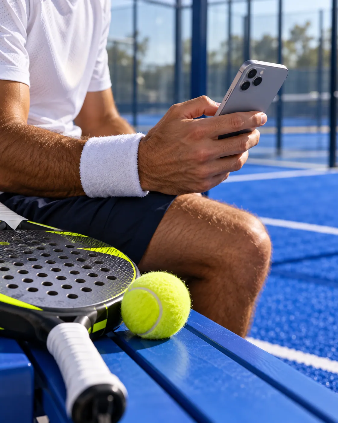 Un joueur consulte son téléphone au bord d’un terrain de padel bleu.