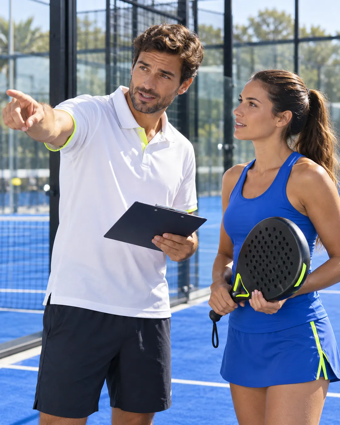 Un coach échange avec une joueuse après une évaluation de padel.