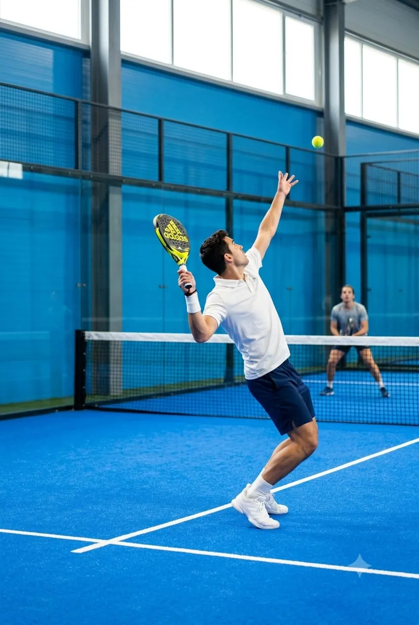 Un joueur prépare une frappe haute sur un terrain de padel couvert.