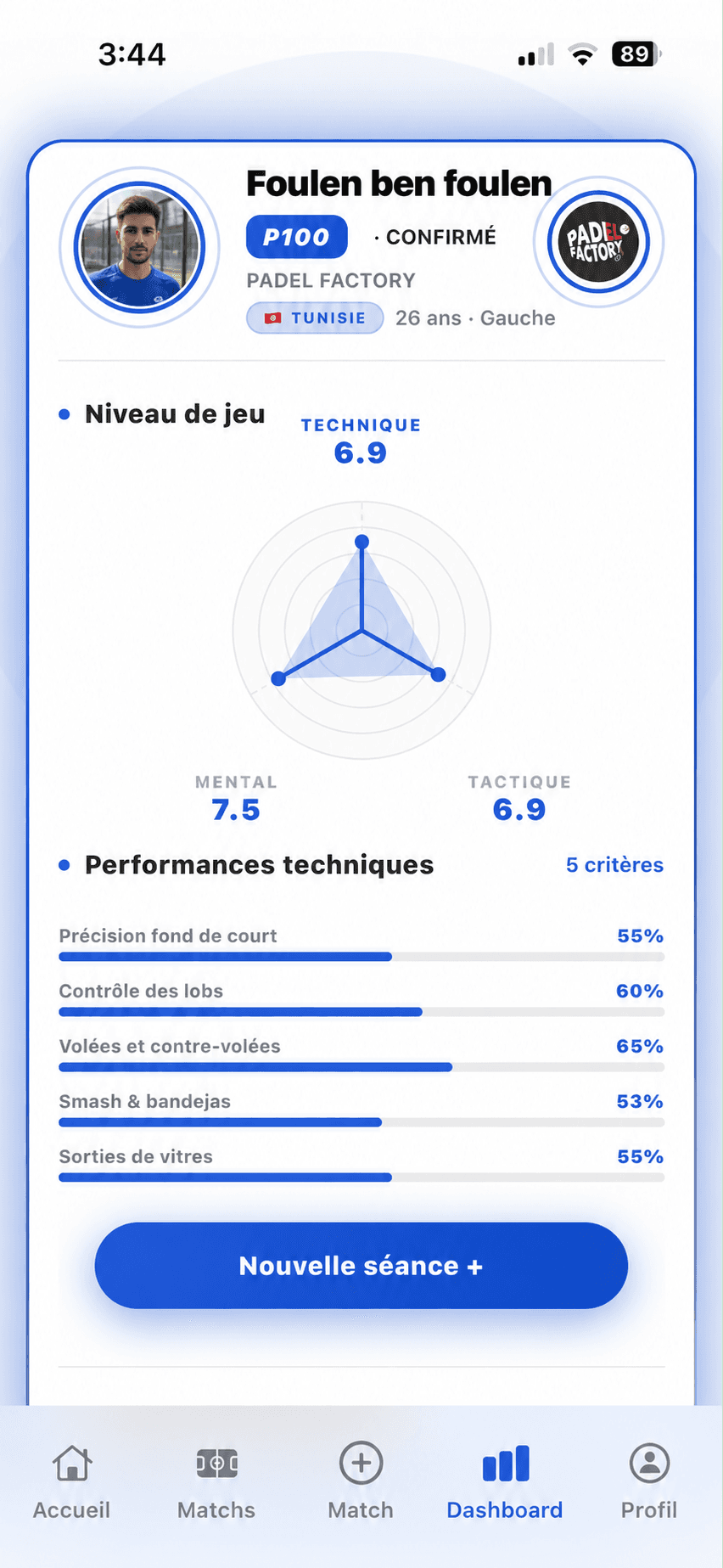 Tableau de bord EVA : niveau P100 et performances techniques.