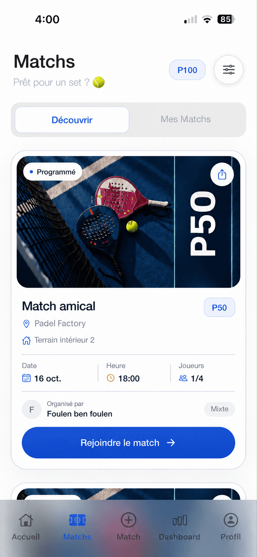 Matchs EVA : recherche de partenaires et inscription à un match amical P50.