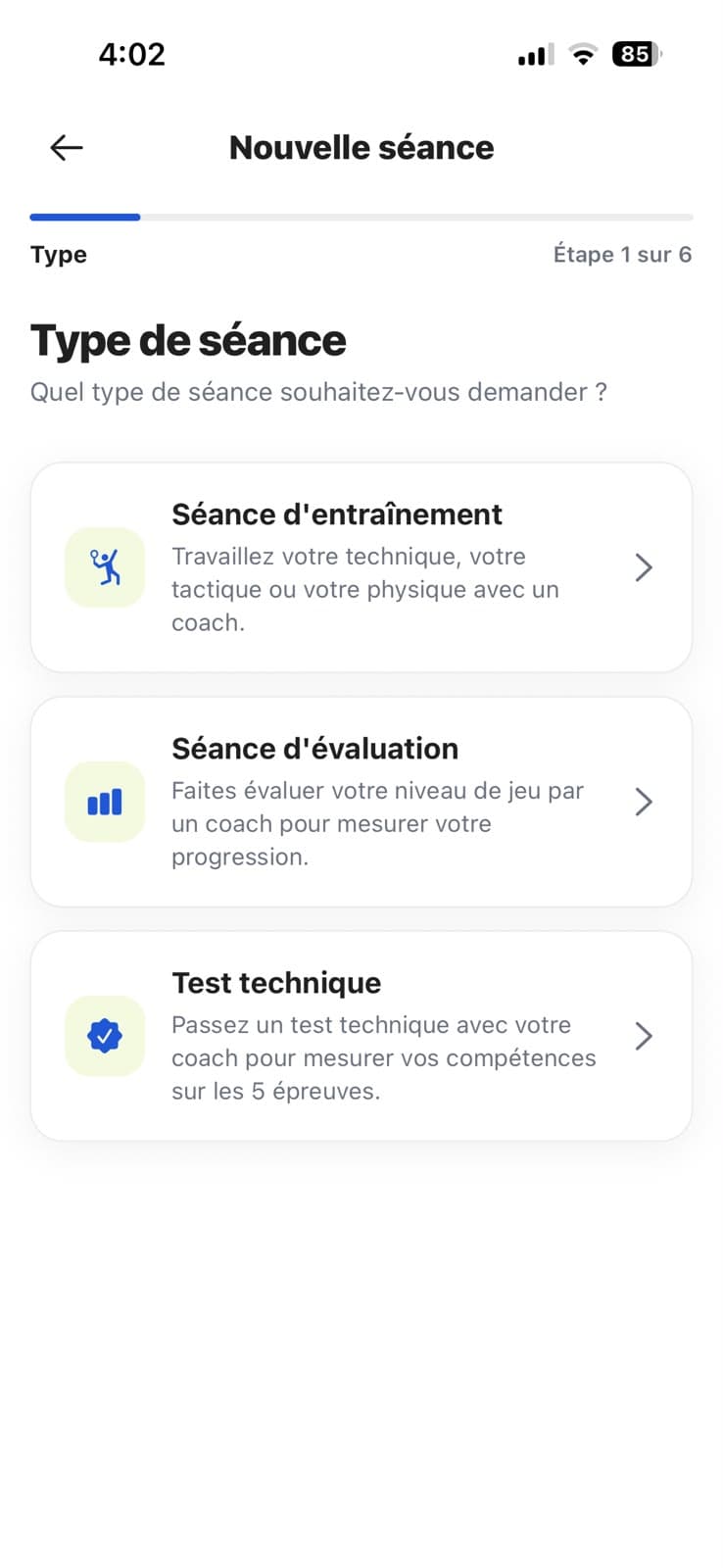 Nouvelle séance EVA : entraînement, évaluation ou test technique avec un coach.