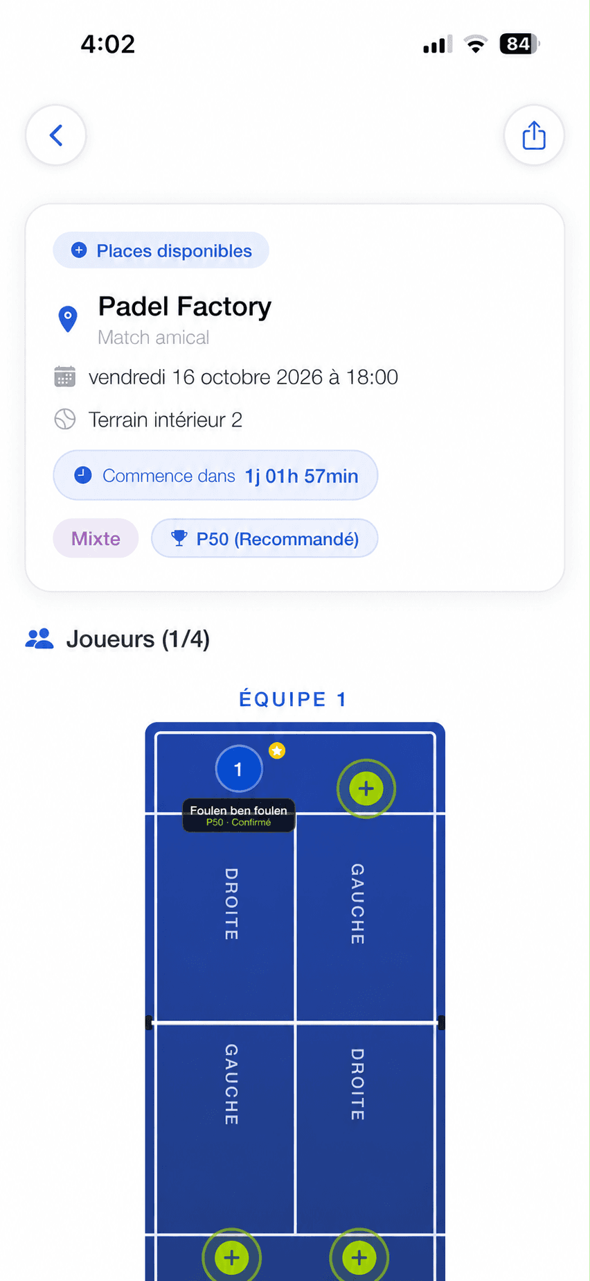 Match à Padel Factory : places disponibles et composition des équipes.